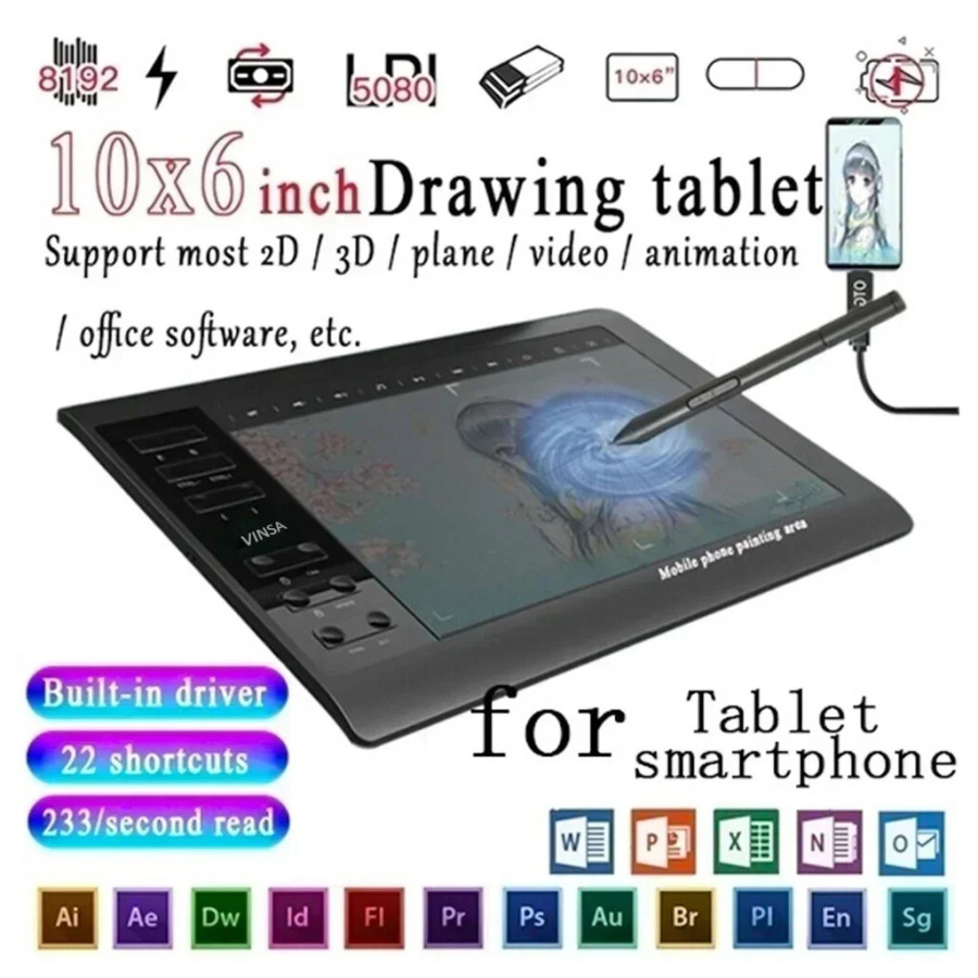 10 * 6 dyuymli ko'chma raqamli planshet mobil telefon aloqasi raqamli bosimli chizilgan plansheti Interaktiv grafik chizilgan plansheti