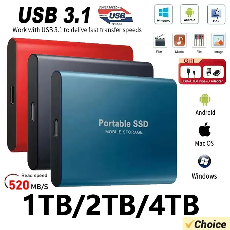 Noutbuk/Kompyuter/MAC uchun yangi tashqi qattiq disk 2TB portativ SSD 4TB yuqori tezlikdagi qattiq disk 128TB ommaviy mobil qattiq holatdagi disk USB3.1