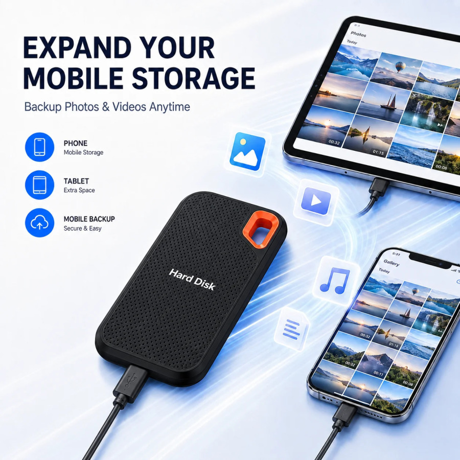 Внешний жесткий диск USB-C для мобильного хранения данных, документов, музыки и фильмов, с функцией передачи данных