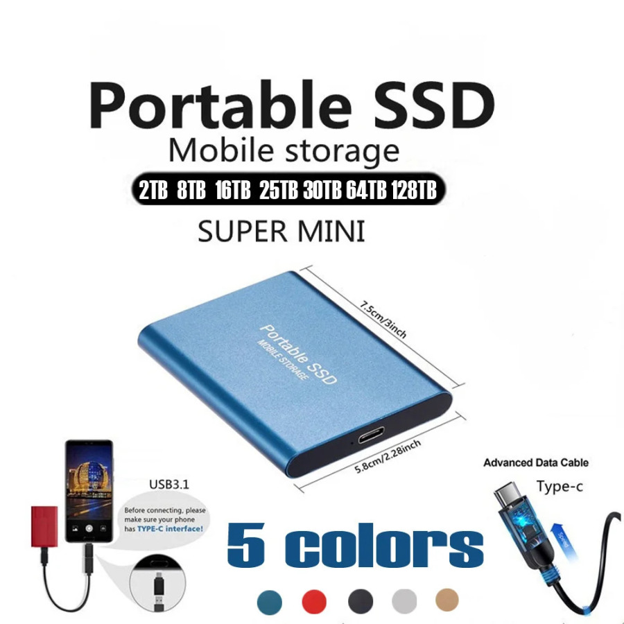 Внешний жесткий диск 1 ТБ, портативный SSD 2 ТБ, внешний твердотельный накопитель USB 3.2 Type-C, высокоскоростное хранилище для ПК, Mac, телефона