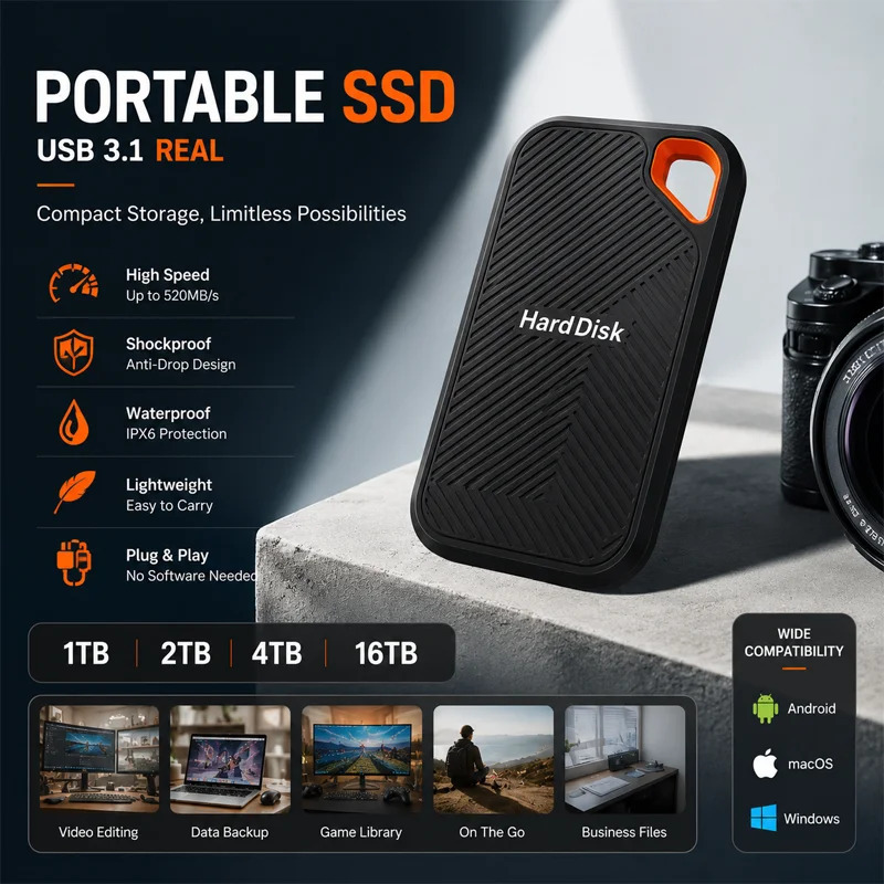 Noutbuklar, shaxsiy kompyuterlar va MacBooklar uchun tashqi SSD 1TB 2TB Type-C portativ diski