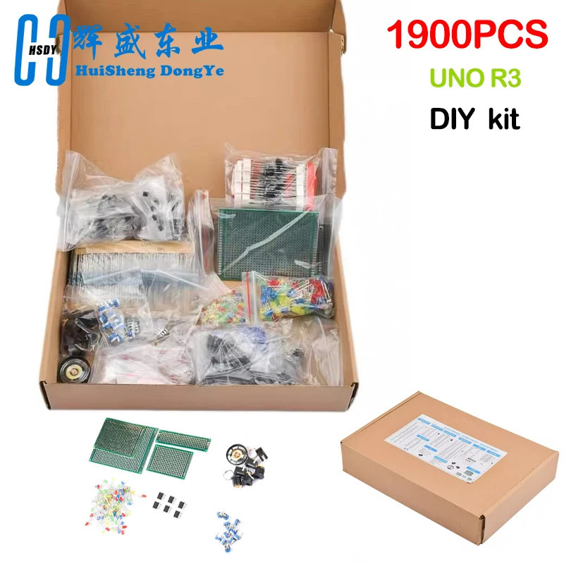 1900-Mega elektron komponentlar to'plami, shu jumladan assortiment + kondansatörler + rezistorlar + LED + tranzistorlar + DC konnektorlari + PCB + Opsitel