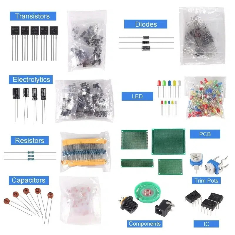 1900-Mega elektron komponentlar to'plami, shu jumladan assortiment + kondansatörler + rezistorlar + LED + tranzistorlar + DC konnektorlari + PCB + Opsitel