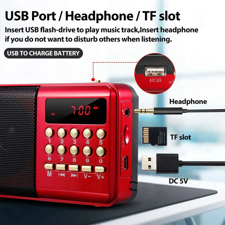 Мини-портативное радио, портативное перезаряжаемое цифровое FM USB TF MP3-плеер, музыкальный динамик, принадлежности для устройств