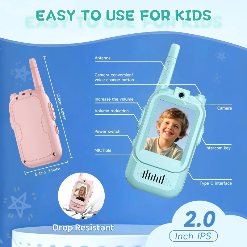 Ovoz funksiyalari bilan qayta zaryadlanuvchi bolalar uchun Walkie Talkie 2 dyuymli HD video va HD bir marta bosish orqali qo'ng'iroq interkomi Tug'ilgan kun yoki o'g'il bolalar va qizlar uchun Rojdestvo sovg'asi