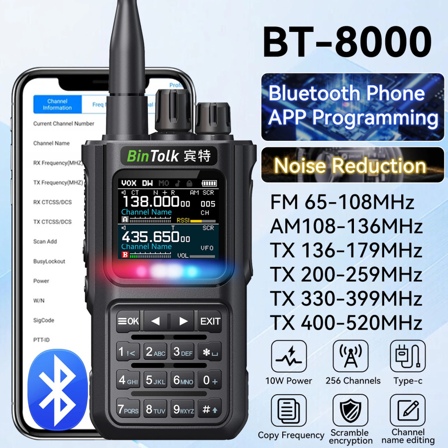 BinTolk BT8000 рация 10 Вт полнодиапазонная с беспроводными программируемыми функциями Bluetooth с шумоподавлением и зарядкой Type-C Porta