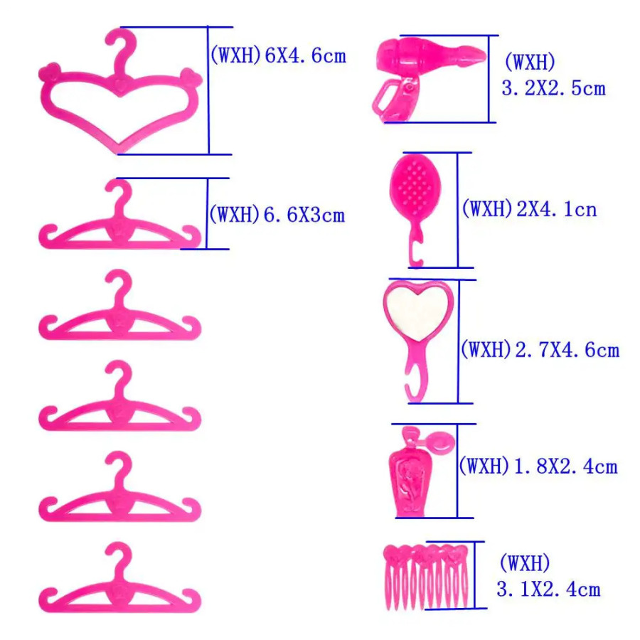 29 sm qo'g'irchoqlar uchun aksessuarlar to'plami: pushti yoqimli plastik kiyinish stoli, stul, ilgichlar, taroq, fen. 11,5 dyuymli qo'g'irchoq uyi mebellari.