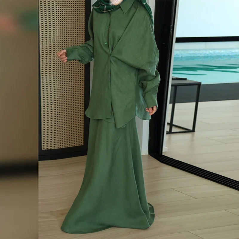 Ayollar kiyimlari 2025 Yozgi Yangi Moda Dizayni Uzun yengli ko'ylagi baland belli yubkalar to'plami