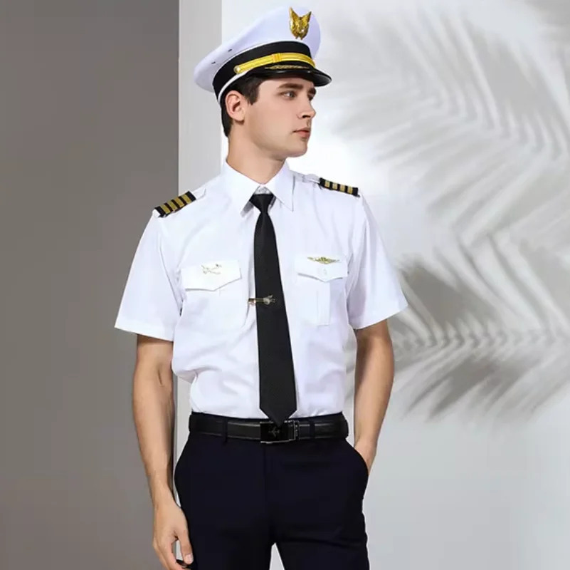 Kapitan kostyumi: Erkaklar oq ko'ylak Tungi klub formasi ofitserlar uchun aviatsiya uchuvchi kostyumi Cosplay shousi