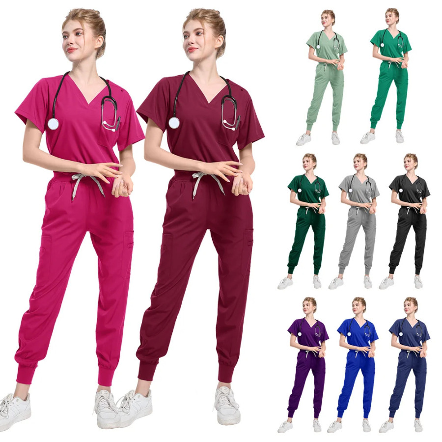Scrubs tibbiy formasi Ayollar erkaklar kostyumi jarrohlik toplari shimlari hamshira aksessuarlari shifoxona shifokori kostyumi