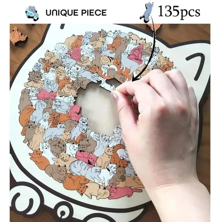 Rangli yog'och mushuk shaklidagi jumboqlar, noyob yoqimli hayvon shaklidagi jumboqlar, mushuk shaklidagi jumboq bezaklari.