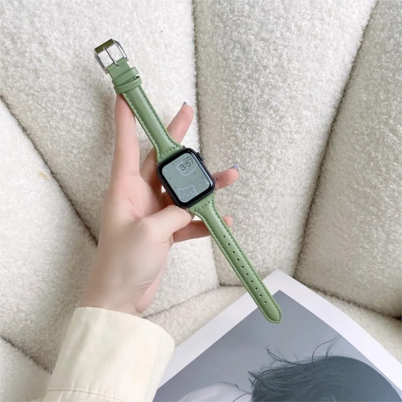Тонкий кожаный ремешок для Apple Watch 44 мм, 45 мм, 41 мм, 40 мм, 38 мм, женский браслет iWatch серии 9 8 7 6 5 4 3 SE Ultra 2 49 мм